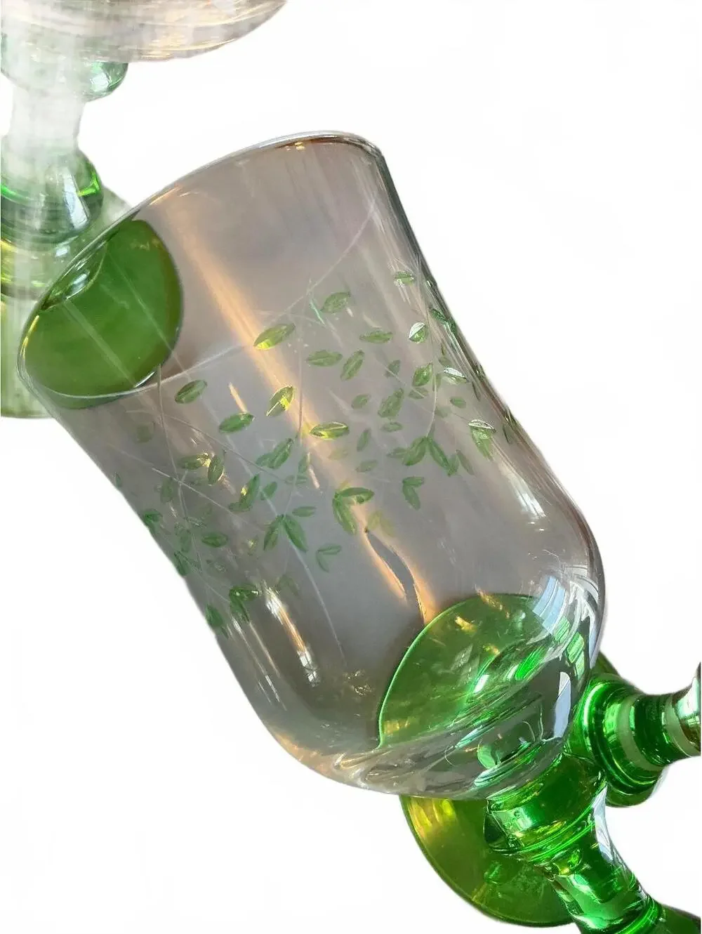 3 Crystal w/ Green Glass Stem Water or Wine Glasses w/Etched Green Leaves